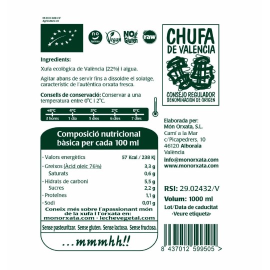 Horchata Sin Azúcar 1 L | Chufa Ecológica D.O. Valencia